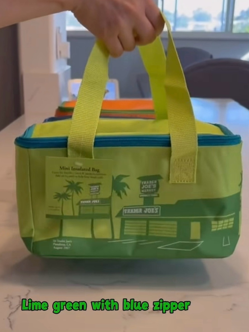 Trader Joe's Lime Green Mini Insulated Lunch Bag with Blue Zipper NWT